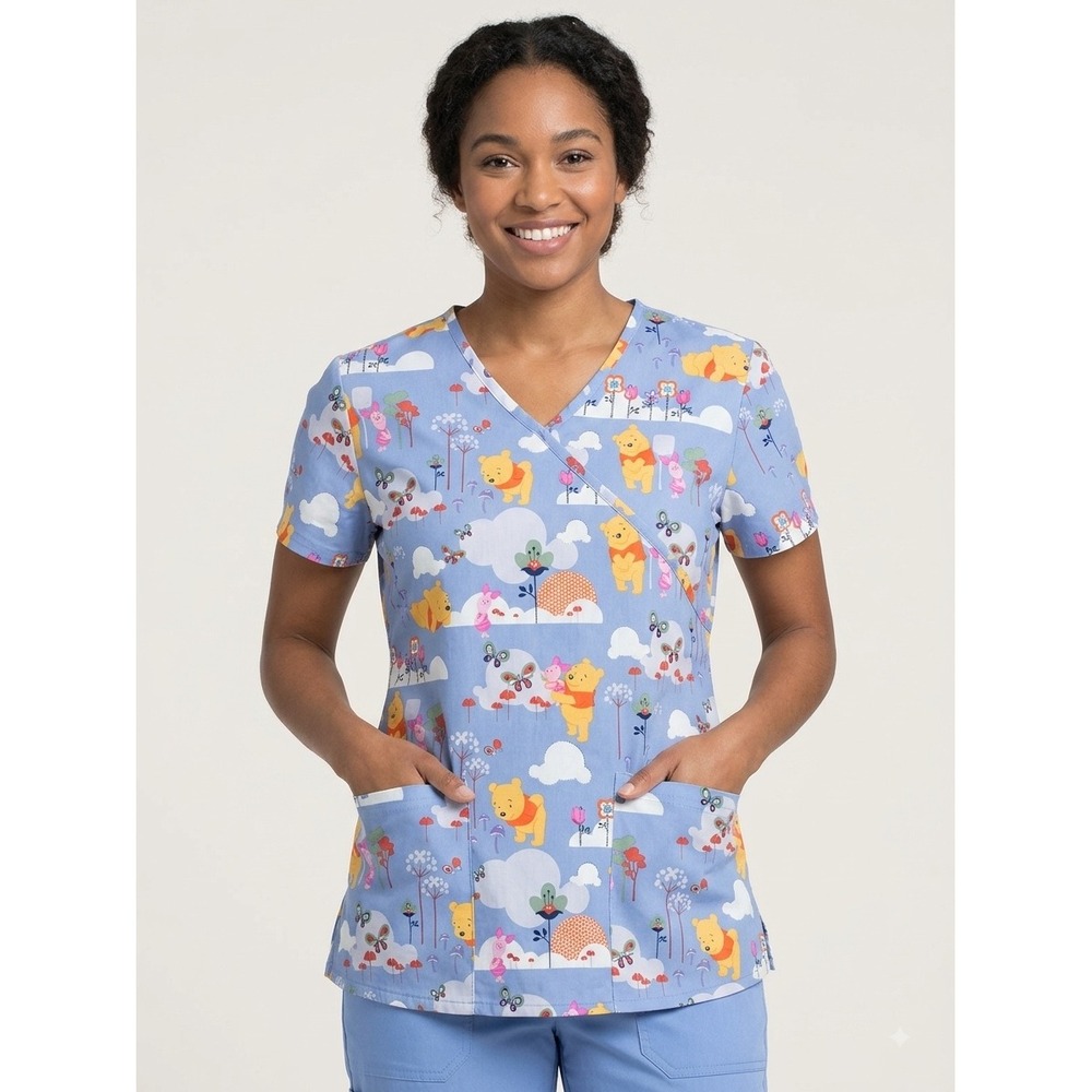 Disney Winnie the Pooh Piglet Scrub Top Mock Wrap V-Neck Blue Floral Small